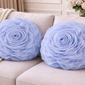 Set of 2 Blue 3D Rose Chiffon 16" Round Throw Pillows with Inserts